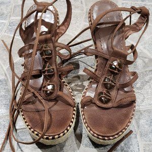 Brown leather lace up sandals; size 10
